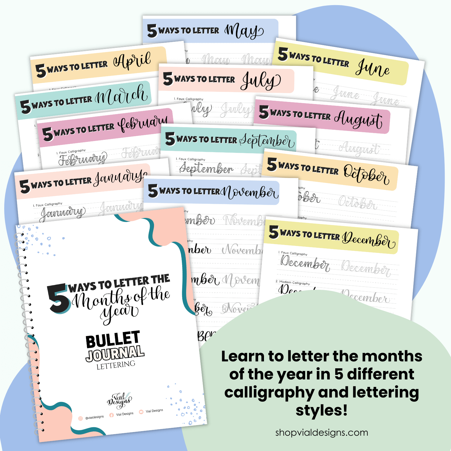 5 ways to letter the months of the year - bullet journal lettering workbook displayed