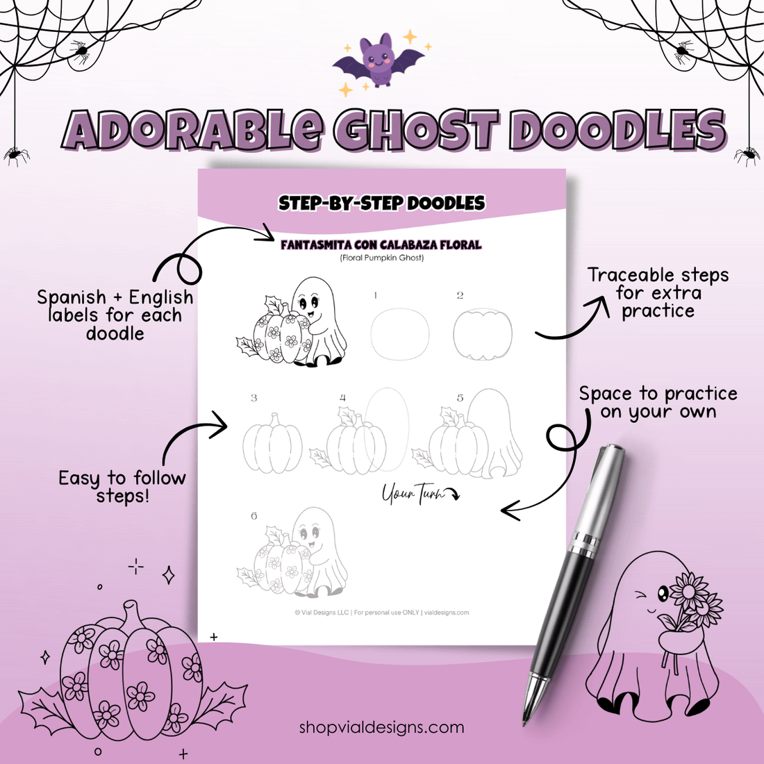 Step-by-step doodle page from the Halloween ghosts doodle workbook explained