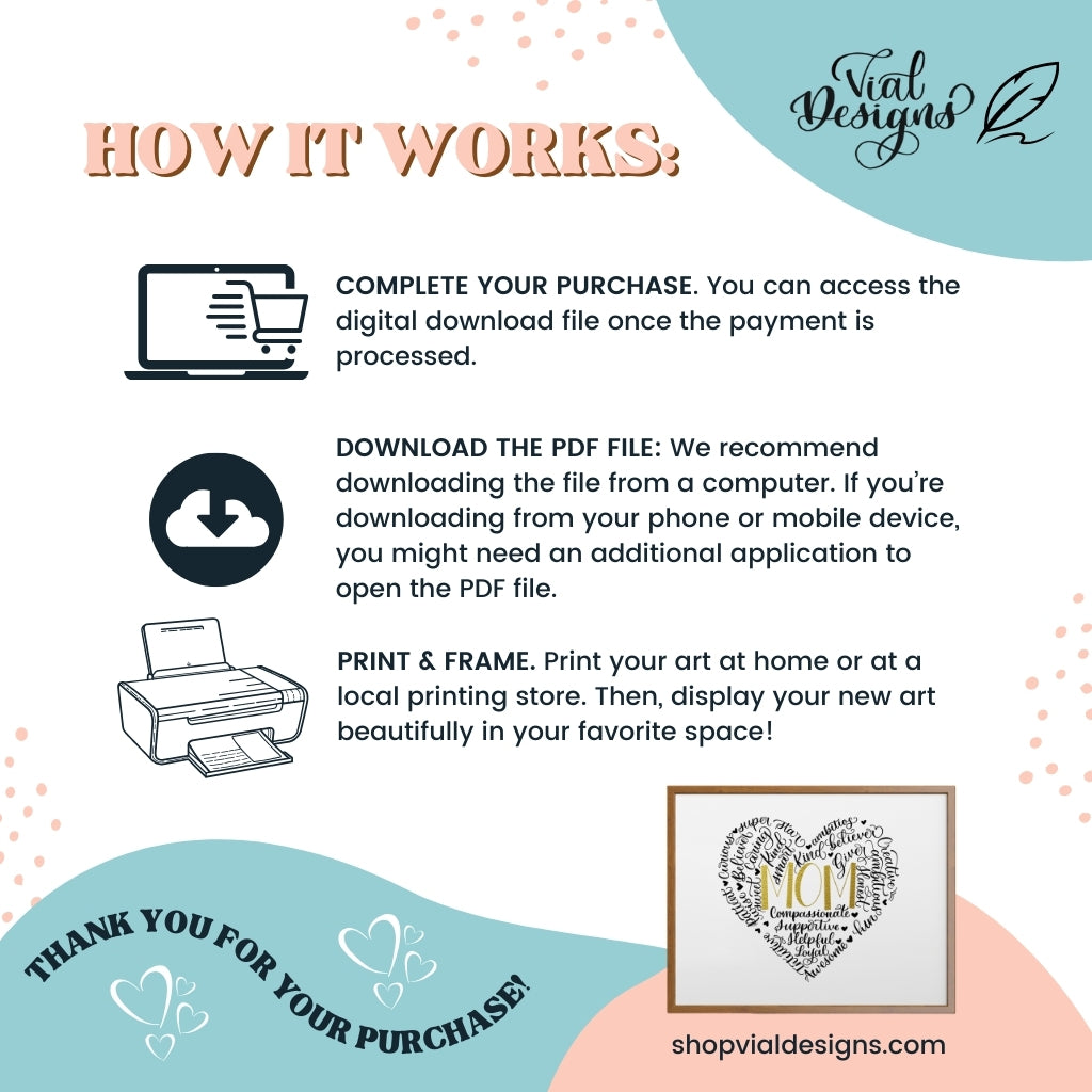 Heart Shape Calligraphy Word Collage Print for Mom | DIGITAL DOWNLOAD PRINT