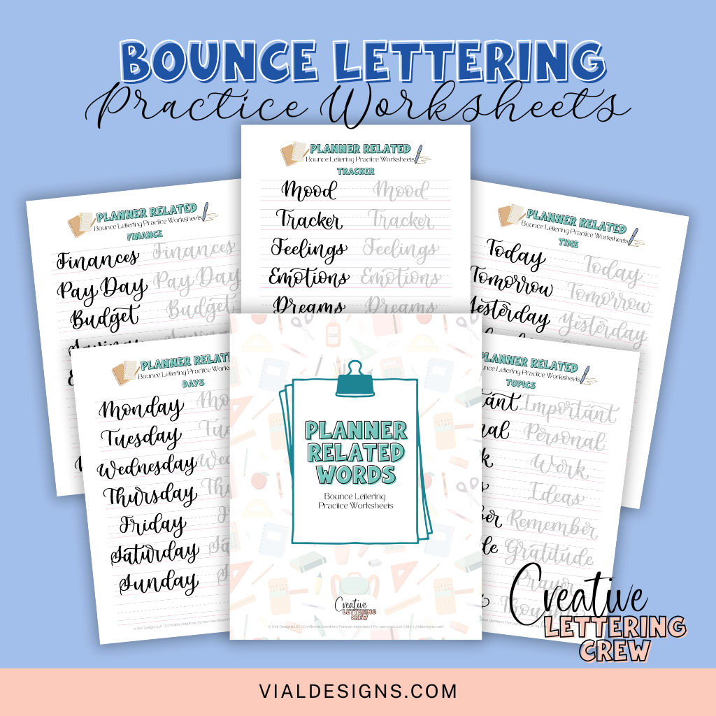 Bounce lettering practice worksheets for planners and bullet journal