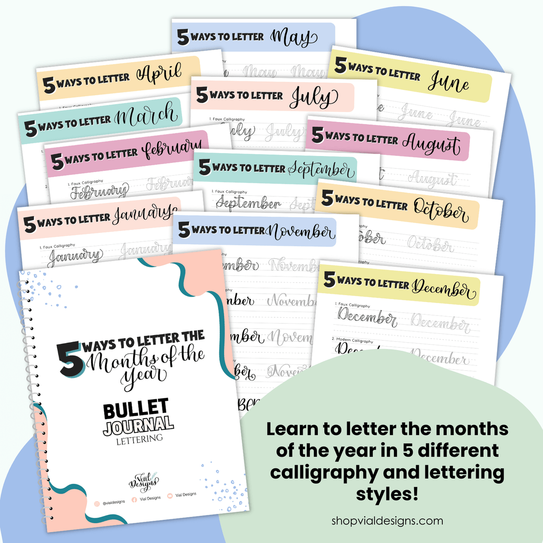 5 ways to letter the months of the year - bullet journal lettering workbook displayed