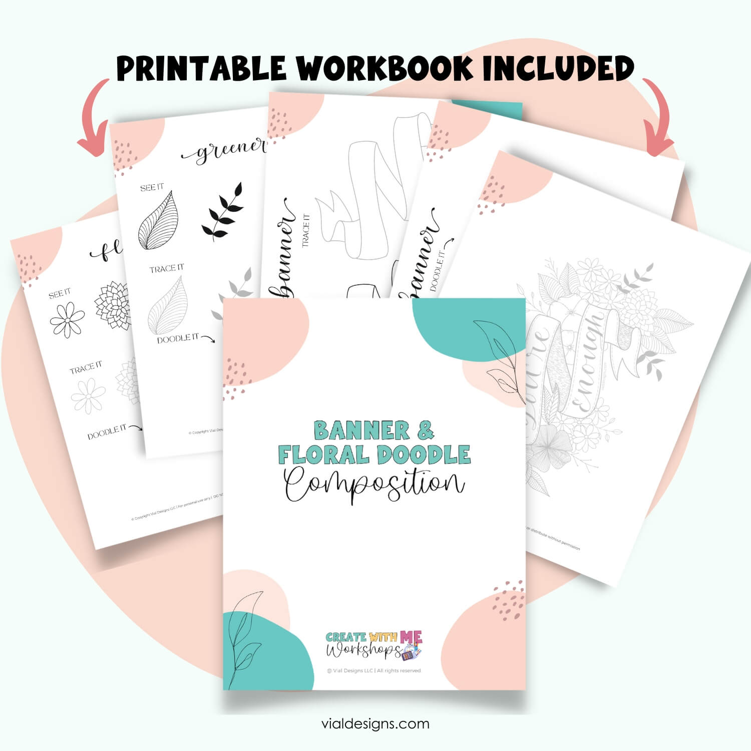 printable workbook with the floral and banner doodle instructions
