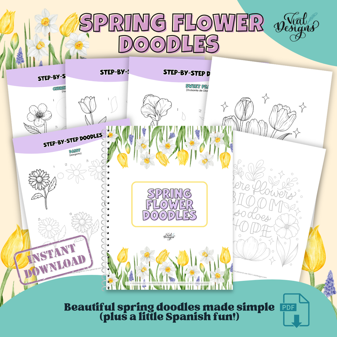 Spring Flowers Doodle Workbook | Step-by-Step Drawing Guide (Printable PDF)