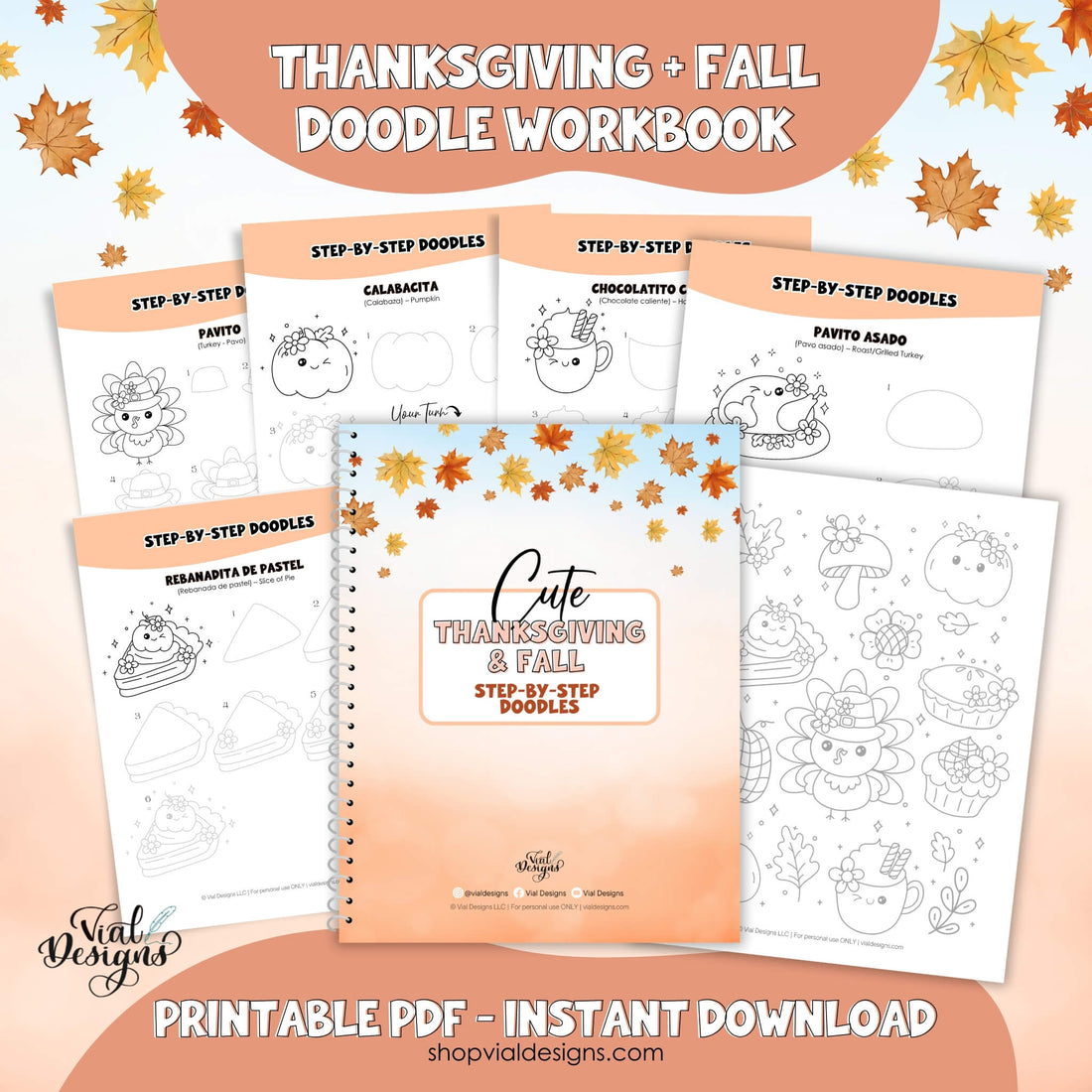 Printable Thanksgiving and fall doodles workbook with step by step drawing guides, pumpkin pie, turkey, mushroom, acorn, and fall leaves.