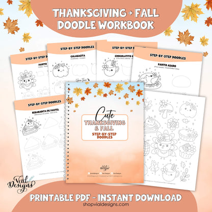 Printable Thanksgiving and fall doodles workbook with step by step drawing guides, pumpkin pie, turkey, mushroom, acorn, and fall leaves.