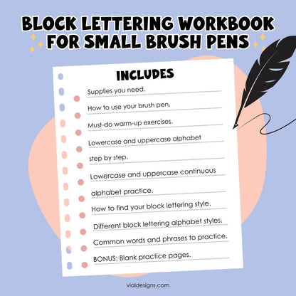 list of everything included inside the block lettering workbook for beginners