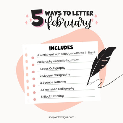 5 different calligraphy and lettering styles included in the february bullet journal lettering worksheet