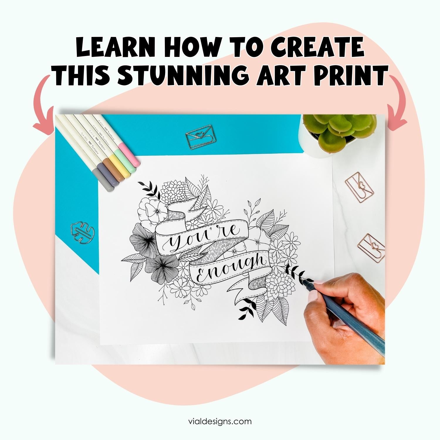 learn how to create a beautiful art print with flower doodles and an intricate banner