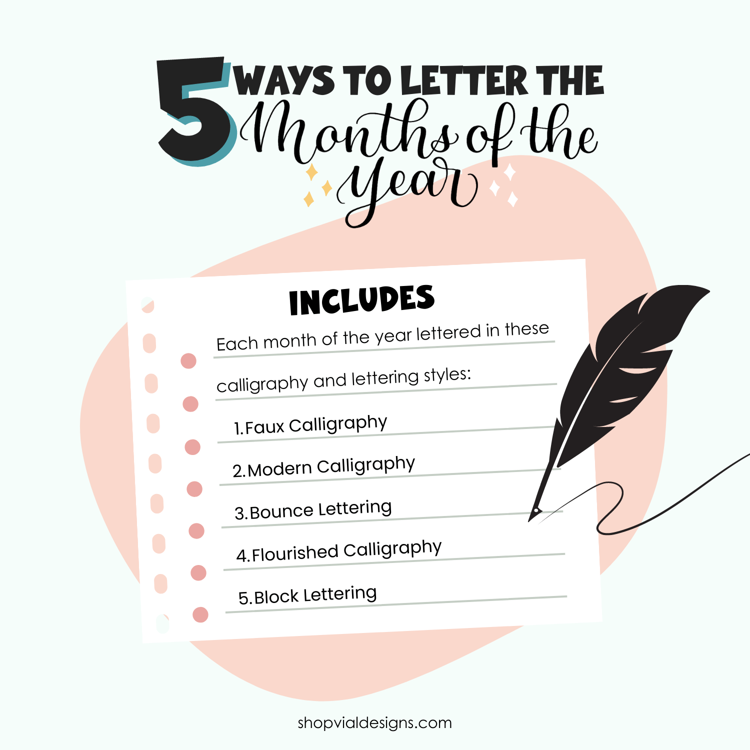 everything included in the 5 ways to letter the months of the year bullet journal lettering workbook