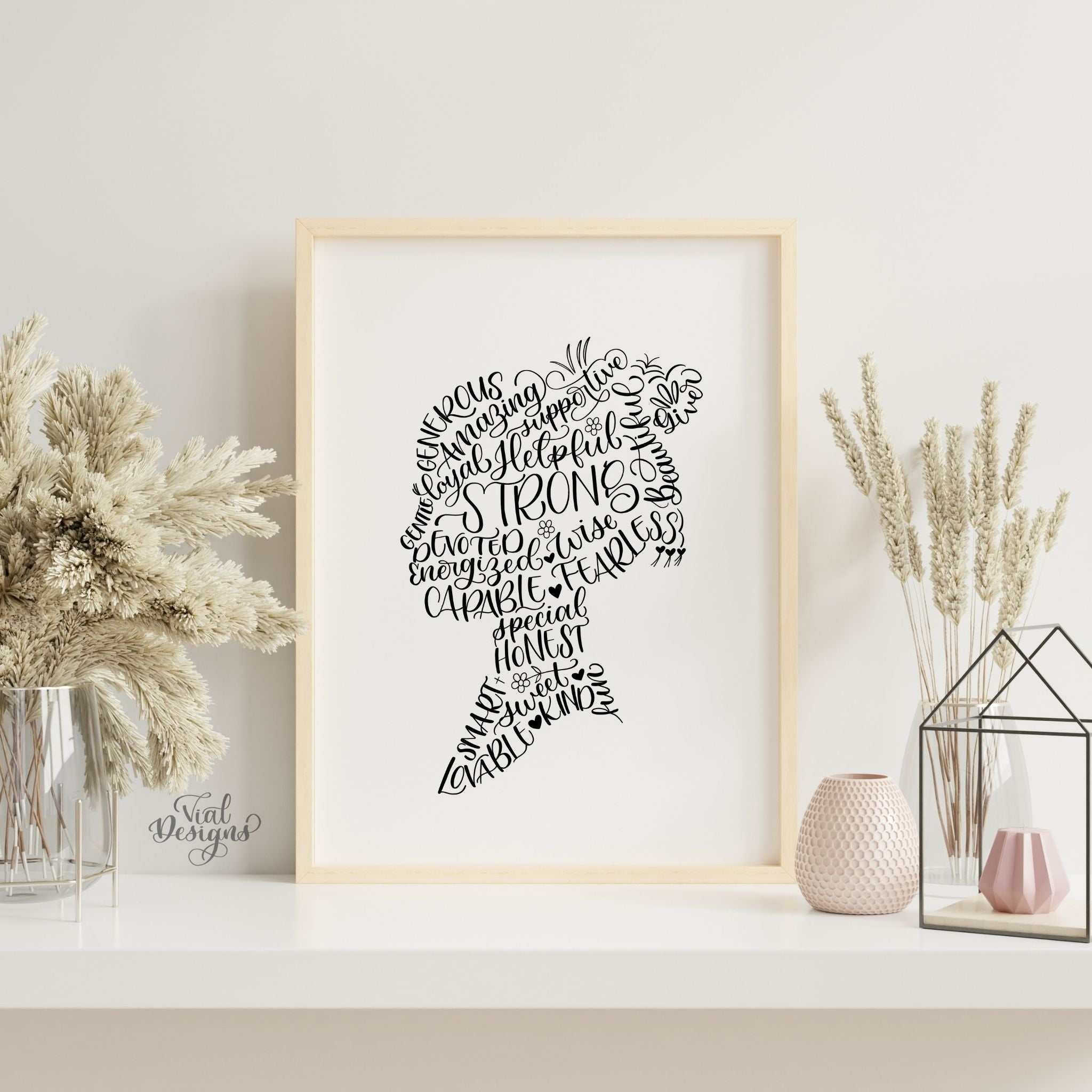 Calligraphy word collage printable with a woman silhouette framed