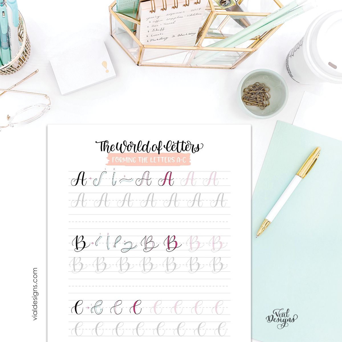 faux calligraphy uppercase alphabet worksheets with step-by-step instructions to form the uppercase letters