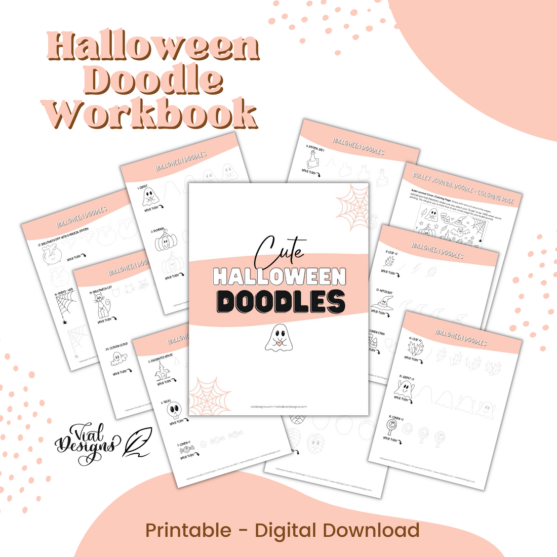 A collection of printable Halloween doodle workbook sheets with various designs including a pumpkin, skull, and candy candle. The background is pink, and the text says &