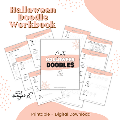A collection of printable Halloween doodle workbook sheets with various designs including a pumpkin, skull, and candy candle. The background is pink, and the text says &